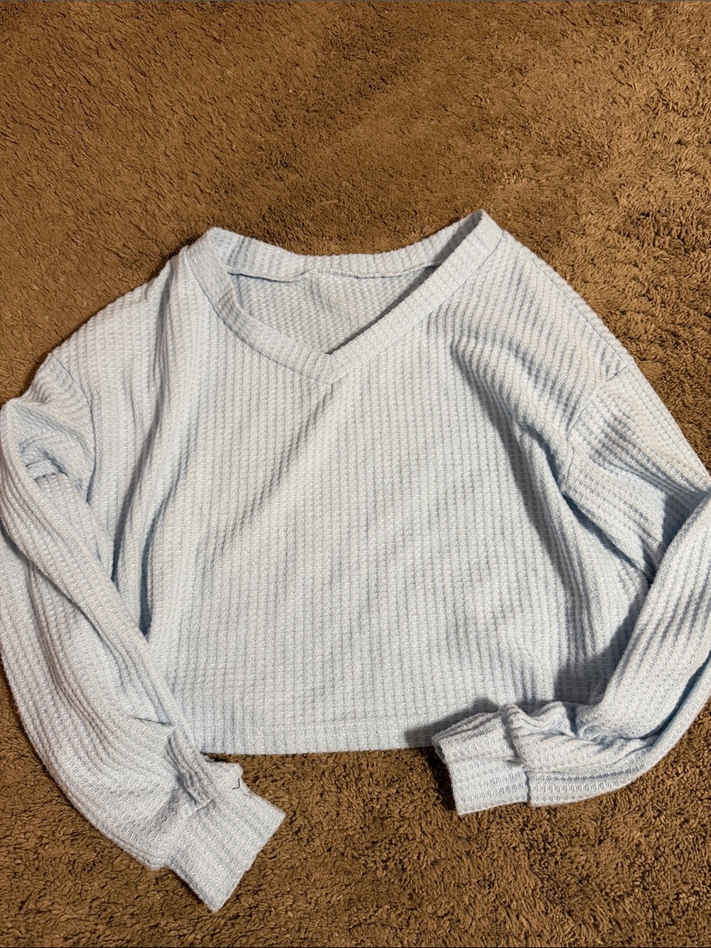 SHEIN Light Blue V-Neck Waffle Knit Sweater
